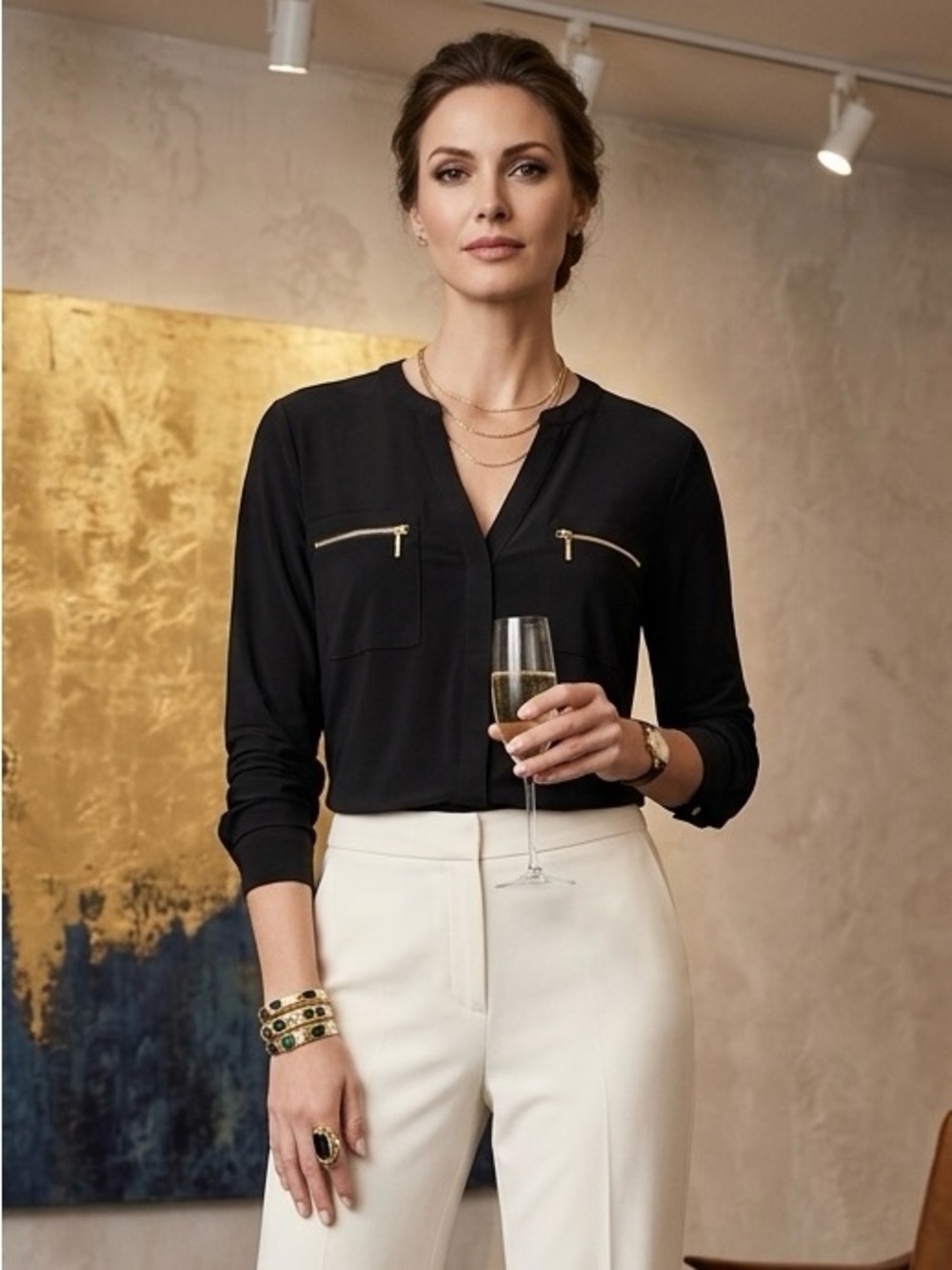 INC International Concepts Deep Black Blouse with Gold Zip Details NWT XL